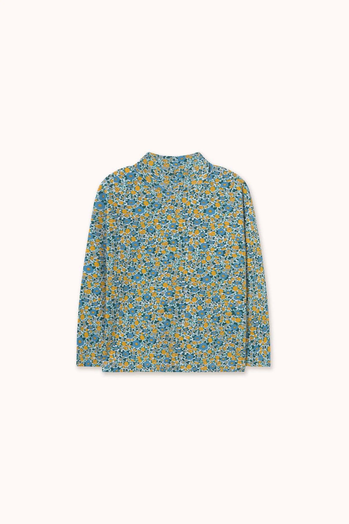 Tiny Cottons Flower Pattern Rib Mockneck - washed blue