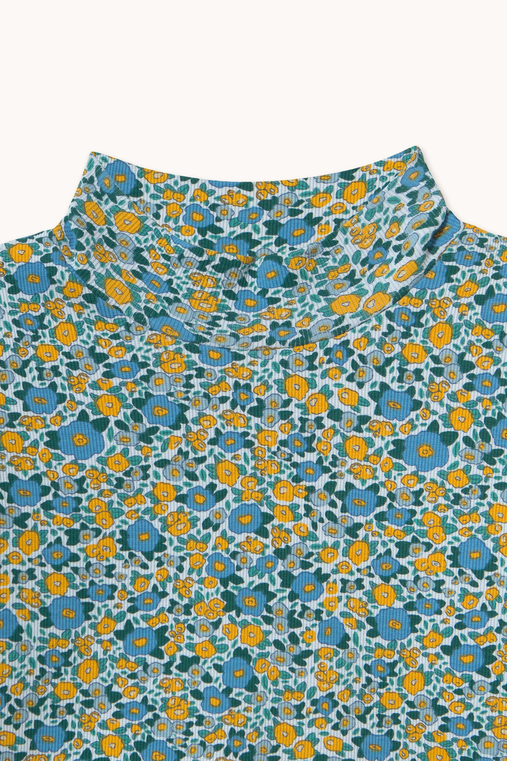 Tiny Cottons Flower Pattern Rib Mockneck - washed blue