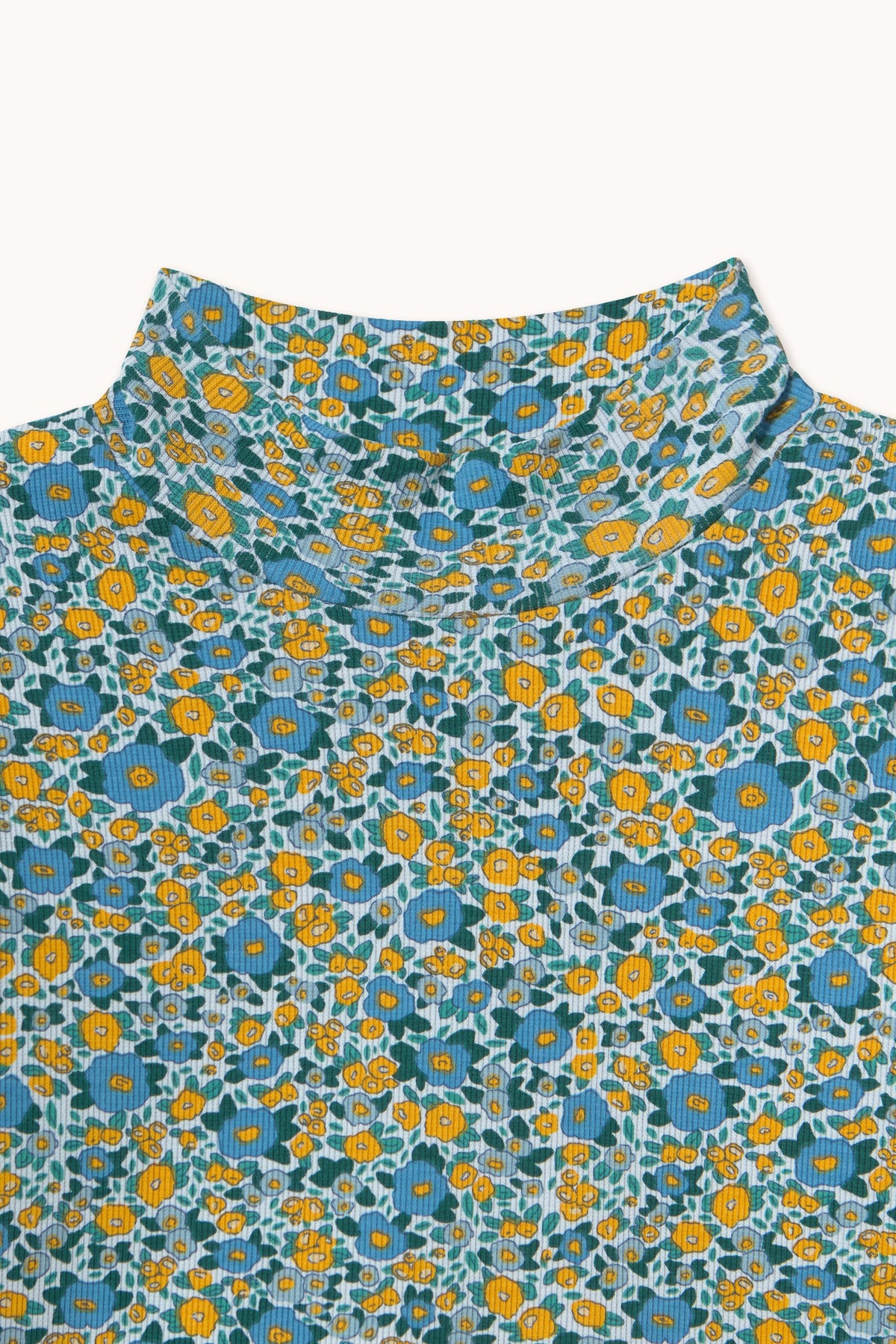 Tiny Cottons Flower Pattern Rib Mockneck - washed blue