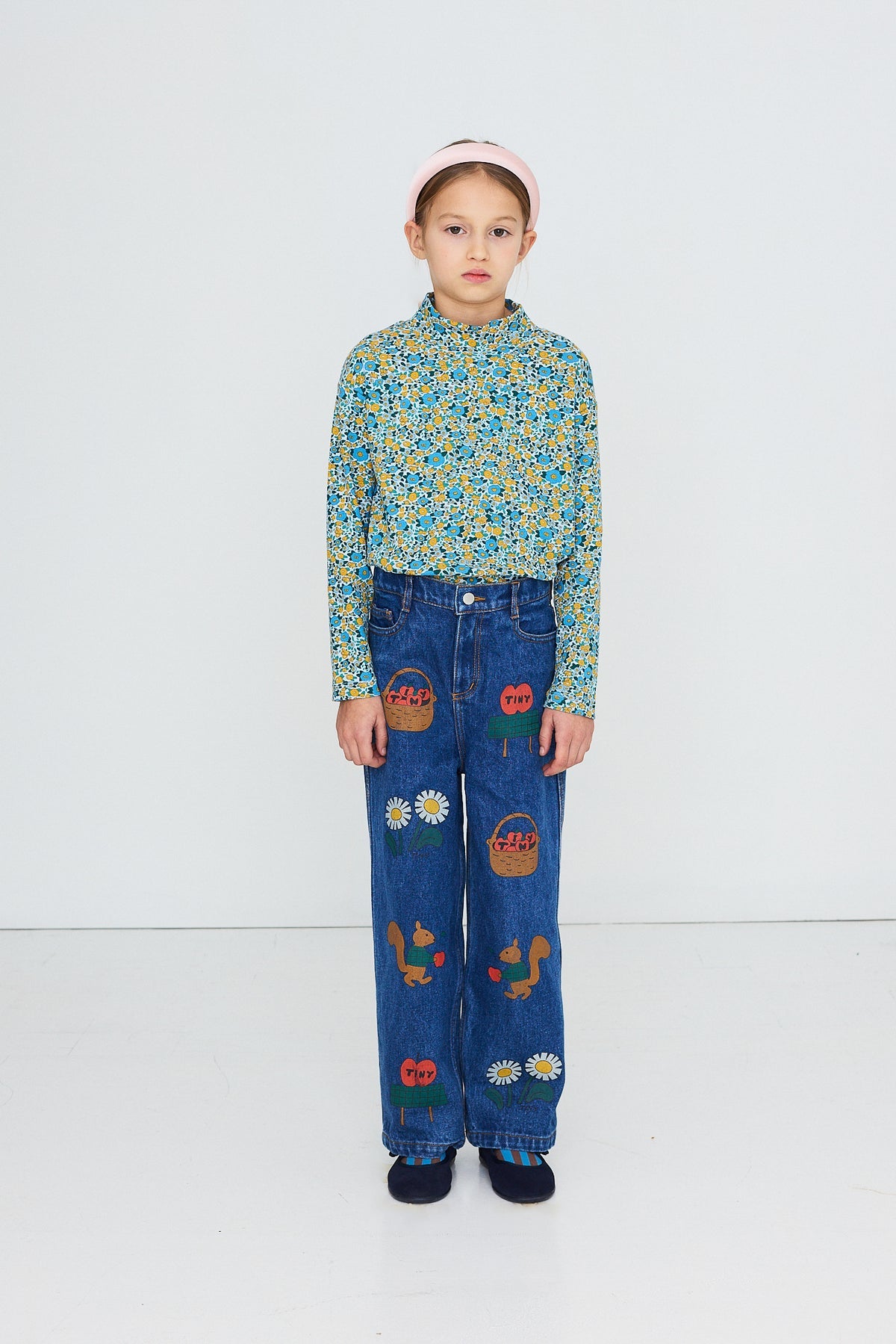 Tiny Cottons Flower Pattern Rib Mockneck - washed blue