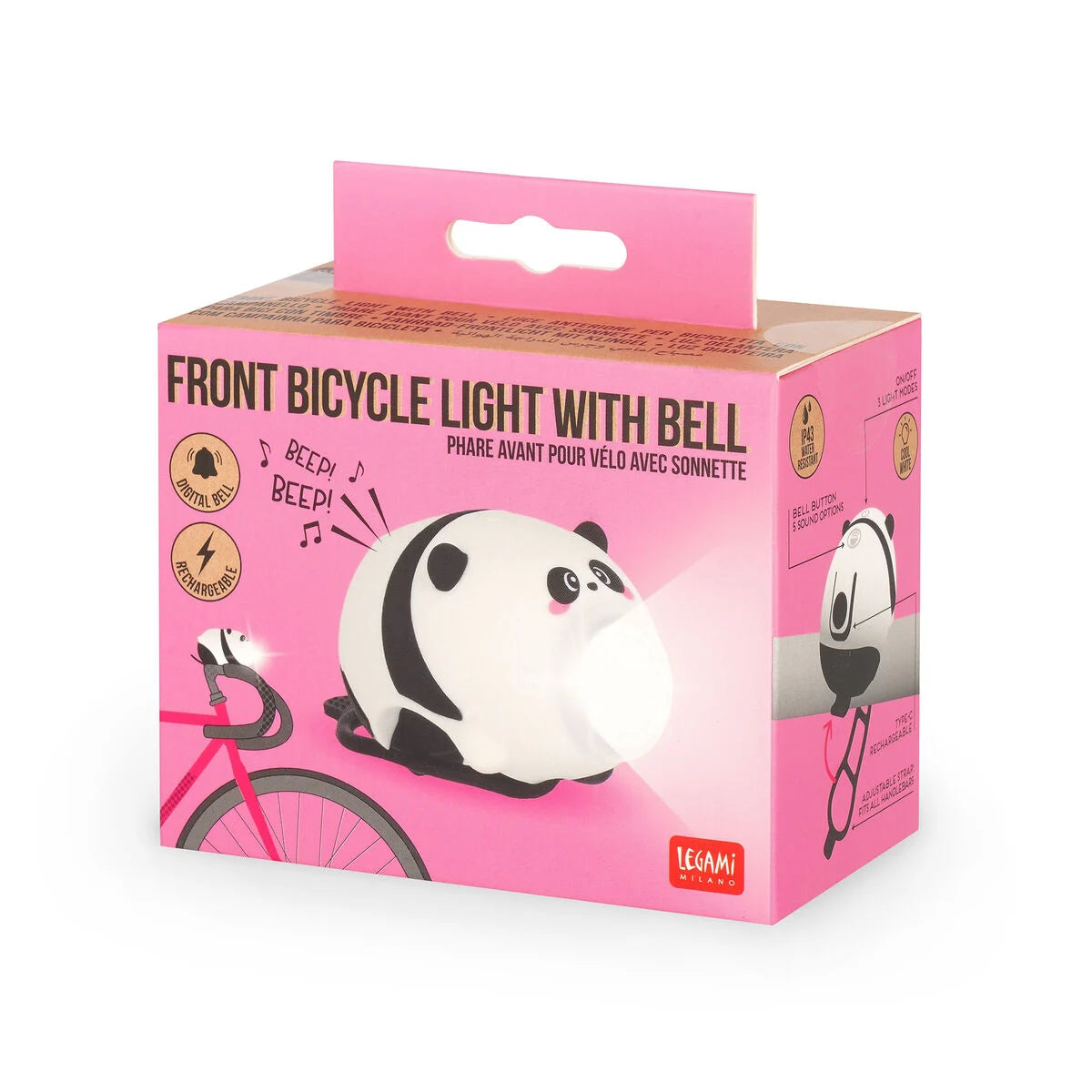Rechargeable Front Bicycle Light With Bell - Panda - Front Bicycle Light With Bell