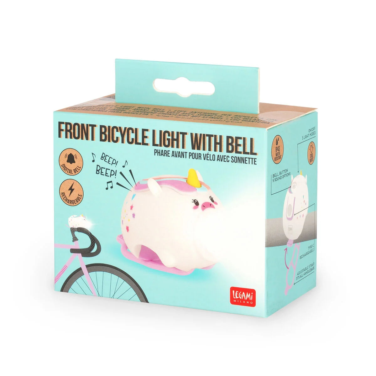Rechargeable Front Bicycle Light With Bell - Unicorn - Front Bicycle Light With Bell