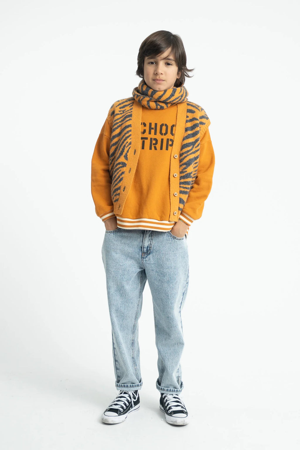Piupiuchick Knitted waistcoat | orange w/ zebra print