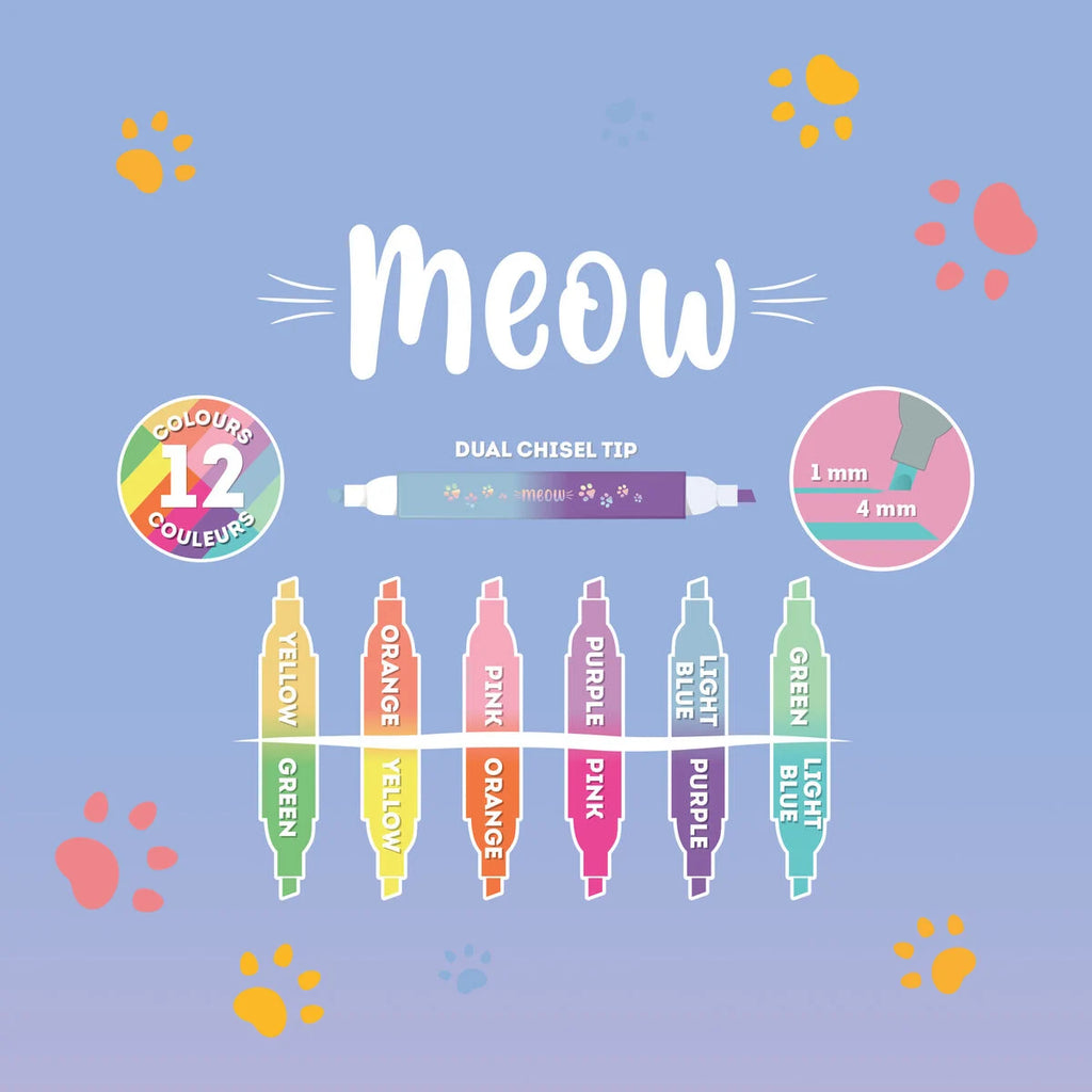 Meow -Set van 6 Kitty-markeerstiften met dubbele punt