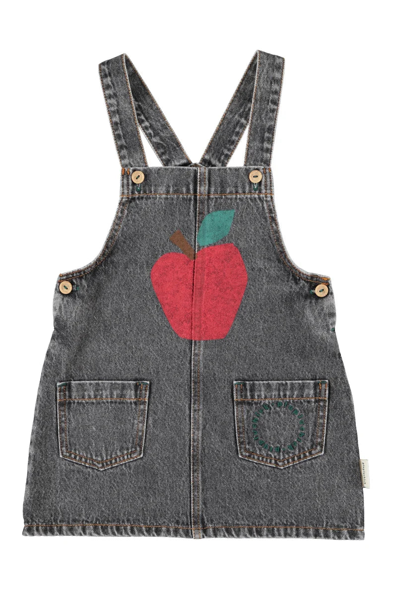 Piupiuchick short dress w/ straps | washed black denim w/ apple print