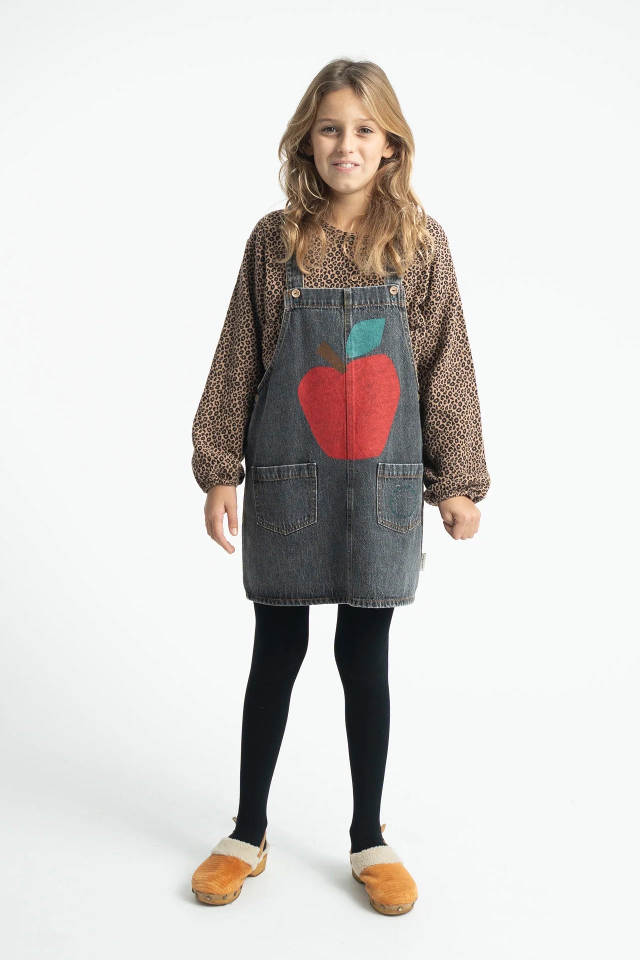 Piupiuchick short dress w/ straps | washed black denim w/ apple print