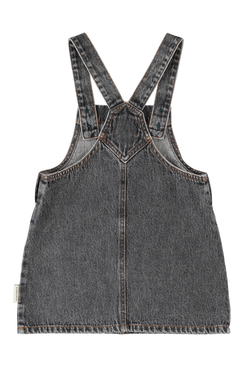 Piupiuchick short dress w/ straps | washed black denim w/ apple print
