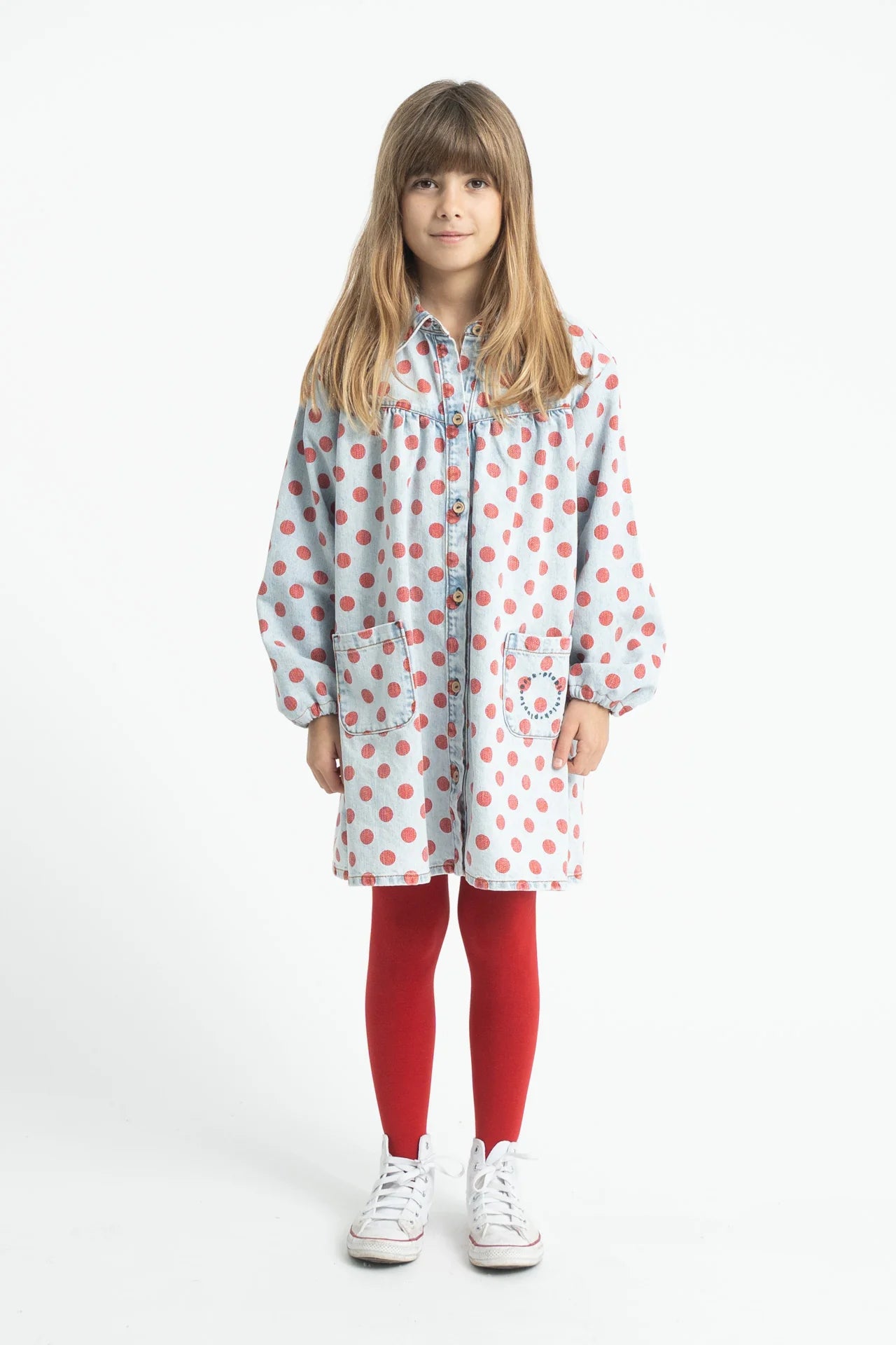 Piupiuchick short dress | light blue denim w/ red dots