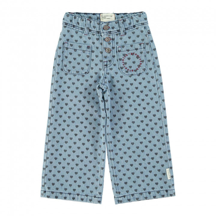 Flare Trousers Washed Blue Denim With Black Harts