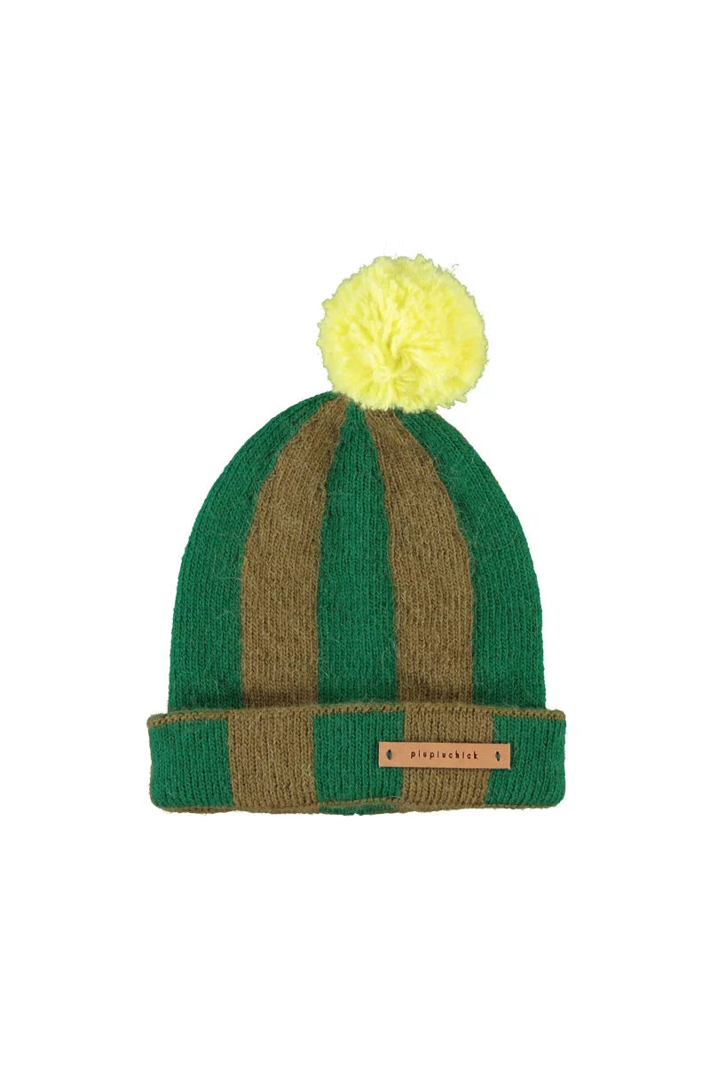 Piupiuchick Knitted hat w/ pompon | green & brown stripes