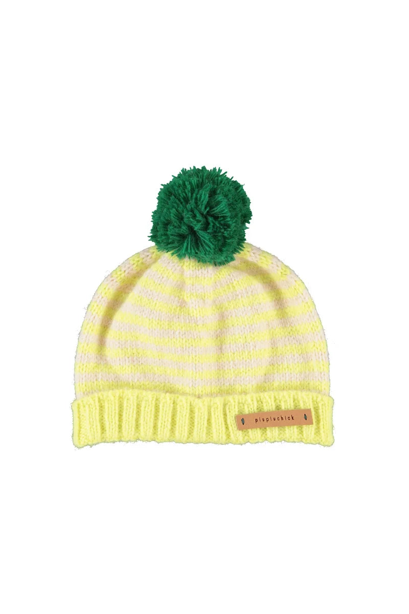 Piupiuchick Knitted hat w/ pompon | lime & ecru stripes