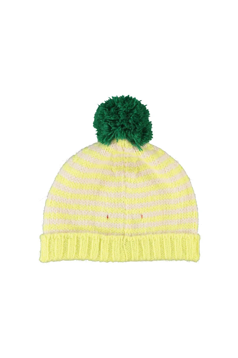 Piupiuchick Knitted hat w/ pompon | lime & ecru stripes