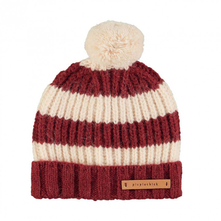 Knitted Hat Bordeaux And Light Pink Stripes