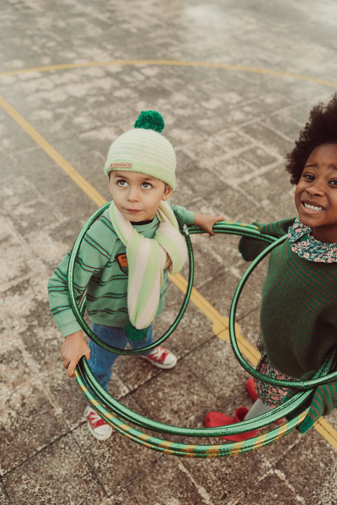 Piupiuchick Knitted hat w/ pompon | lime & ecru stripes