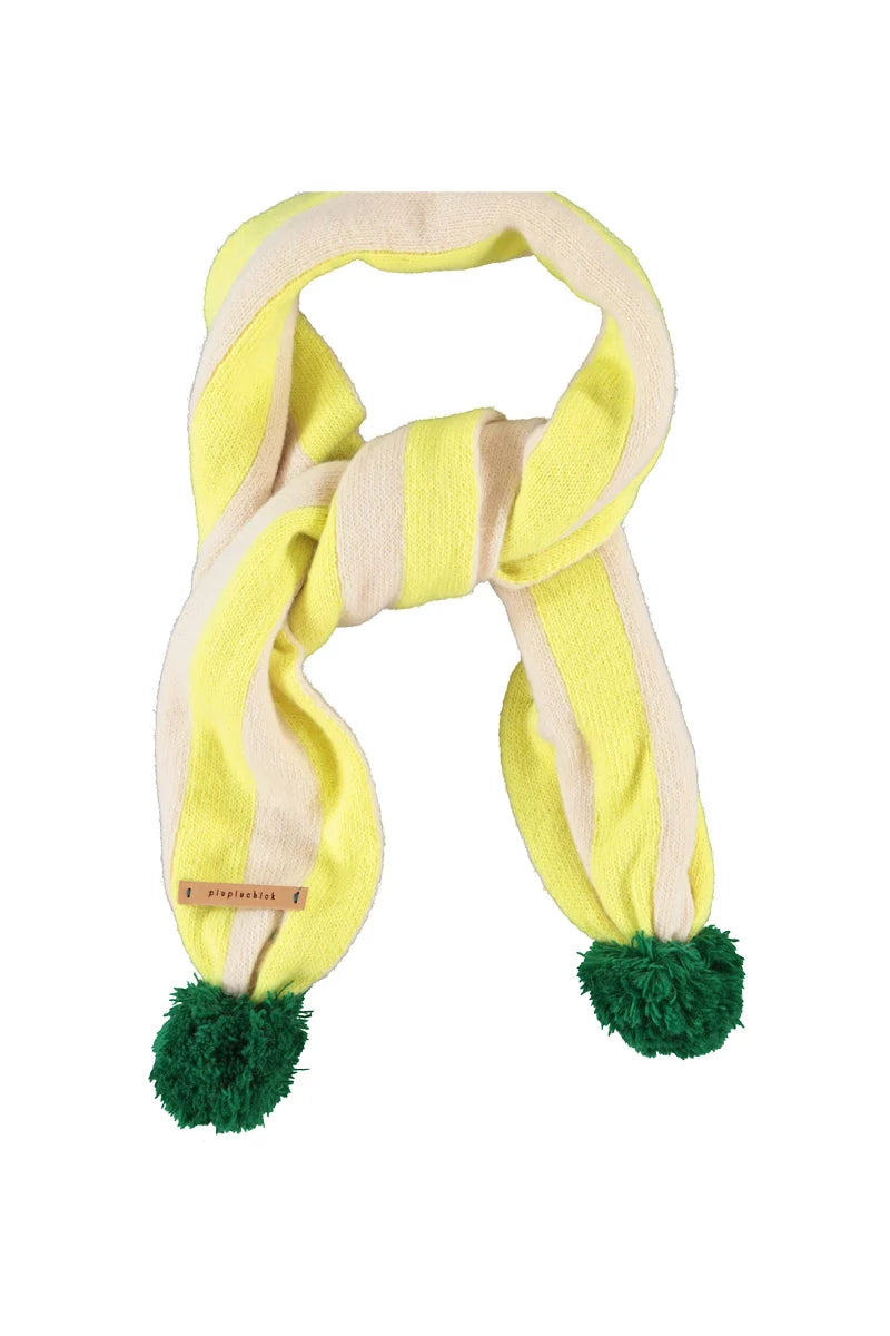 Piupiuchick knitted pompom scarf | lime & ecru stripes