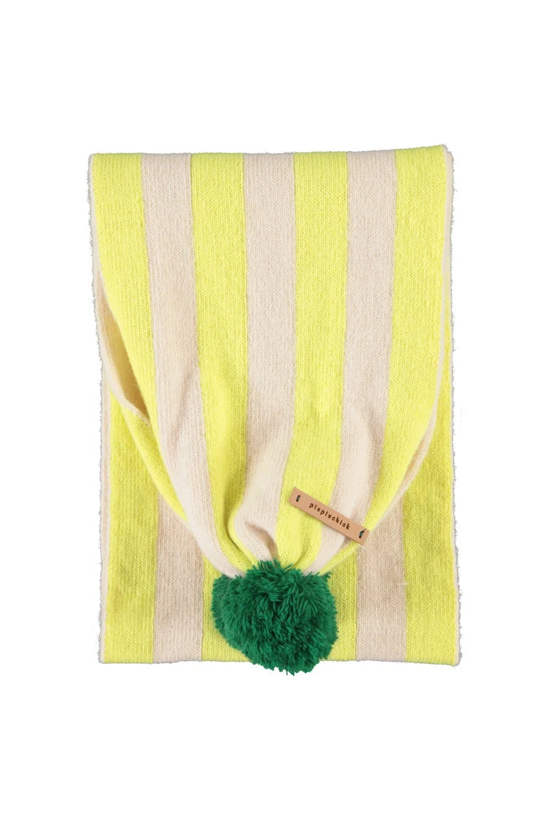 Piupiuchick knitted pompom scarf | lime & ecru stripes
