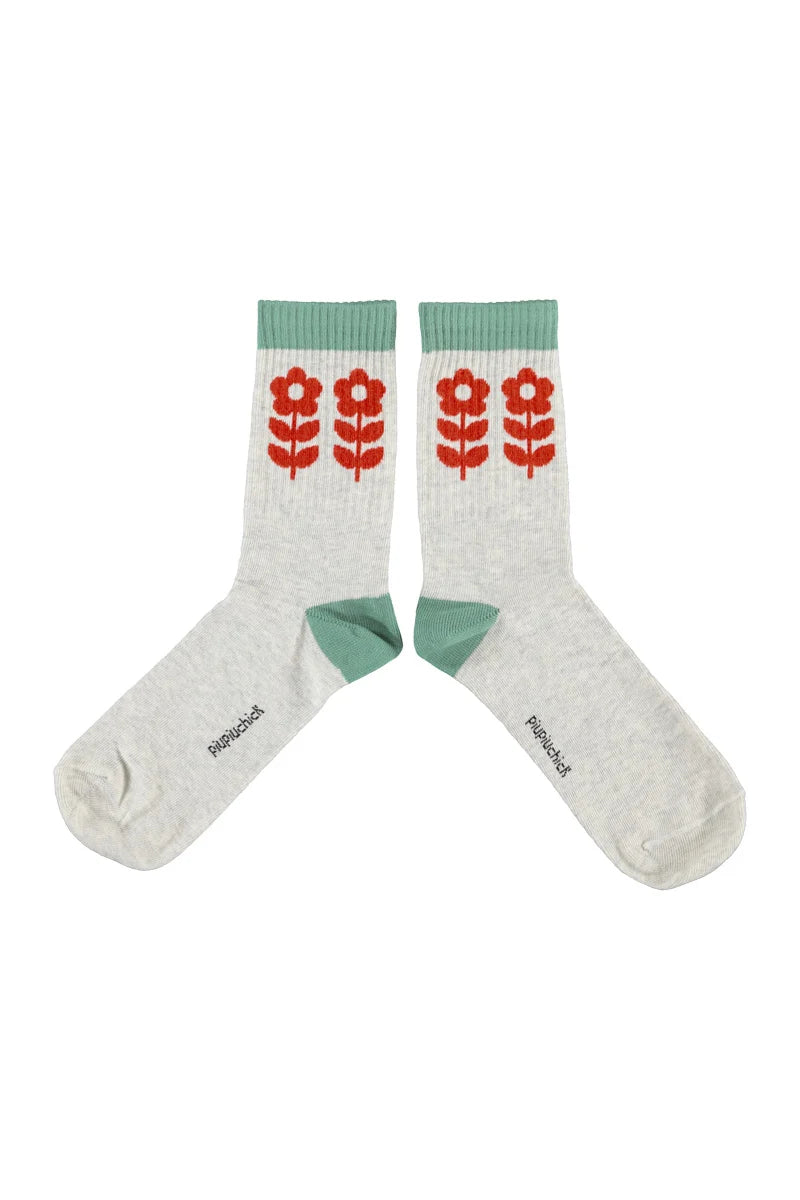 Piupiuchick socks | light grey w/ red flowers