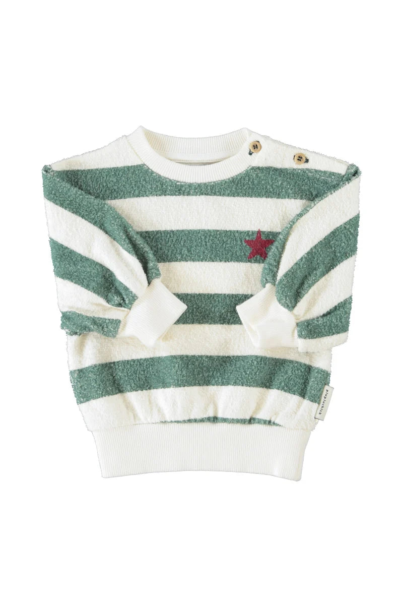 Piupiuchick Baby Sweatshirt Ecru & Green Stripes with "piupiuchick" Print