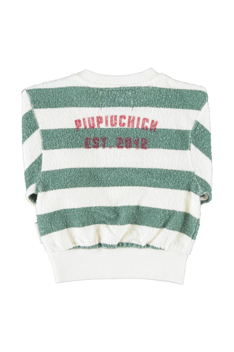 Piupiuchick Baby Sweatshirt Ecru & Green Stripes with "piupiuchick" Print