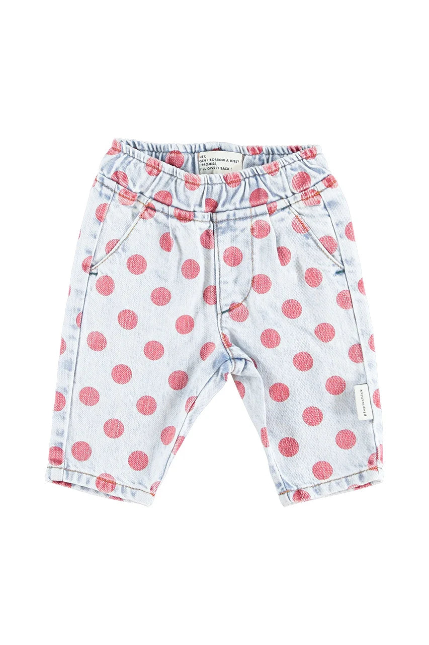 Piupiuchick Baby Trousers Light Blue Denim with Red Dots